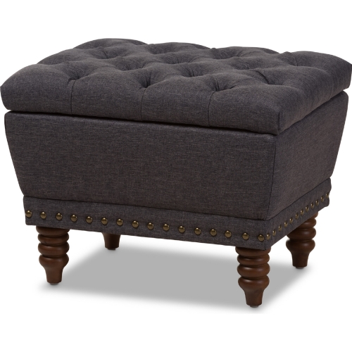 Annabelle Storage Ottoman in Tufted Dark Gray Fabric & Walnut Finish